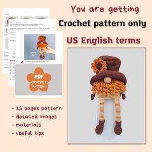 May include: Crochet pattern for a gnome with a brown hat, orange beard, and striped legs. The pattern includes 13 pages, detailed images, materials, and useful tips.  "Japandi style gnome by @muff_corn"