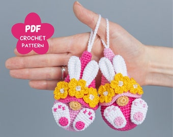 Easter crochet pattern Bunny keychains with crochet flowers, Crochet keychain bunny amigurumi pattern, Crochet bunny for Easter decor