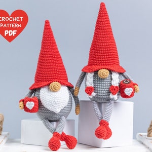 Crochet patterns gnomes with cups, Crochet gnome amigurumi pattern, Crochet valentine gnome patterns, Crochet gift for couple, Crochet heart