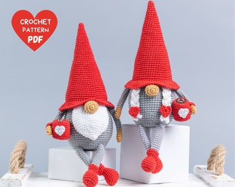 Crochet patterns gnomes with cups, Crochet gnome amigurumi pattern, Crochet valentine gnome patterns, Crochet gift for couple, Crochet heart