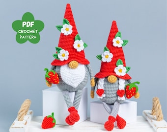Crochet patterns Gnomes with strawberry and crochet flowers, Amigurumi crochet gnome and crochet strawberry pattern, Summer crochet pattern