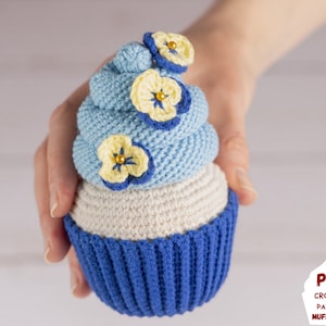 Crochet pattern cupcake with pansies, Amigurumi food pattern play set, Crochet birthday gift pattern, Crochet food pattern for summer gifts