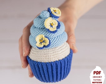 Crochet pattern cupcake with pansies, Amigurumi food pattern play set, Crochet birthday gift pattern, Crochet food pattern for summer gifts