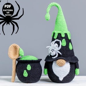 Halloween crochet patterns gnome with spider and cauldron, Halloween Gnome crochet pattern, Crochet Halloween amigurumi pattern