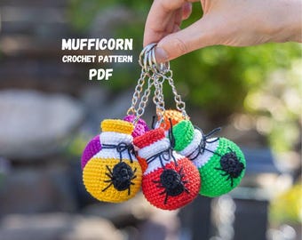 Crochet Halloween pattern potion bottle with spider, Halloween crochet keychain amigurumi pattern, Crochet Spider car charm crochet ornament