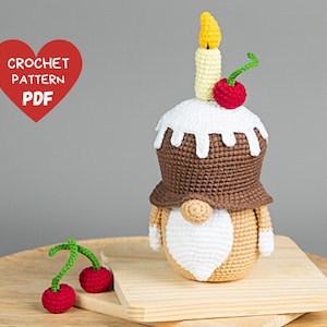 Crochet patterns Birthday gnome cherry cupcake, Crochet gnome amigurumi pattern, Crochet food pattern, Crochet holiday gnome gift pattern