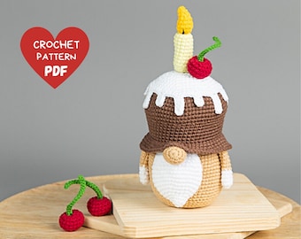 Crochet patterns Birthday gnome cherry cupcake, Crochet gnome amigurumi pattern, Crochet food pattern, Crochet holiday gnome gift pattern