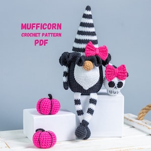 Halloween crochet patterns gnome with skull bow and pumpkin, Halloween Gnome and skull crochet pattern, Crochet Halloween pumpkin decoration