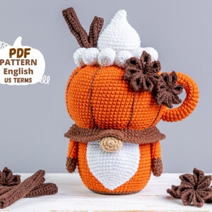 Crochet patterns pumpkin gnome, Crochet pumpkin pattern, Crochet gnome pattern, Amigurumi pumpkin spice latte gnome crochet decor pattern