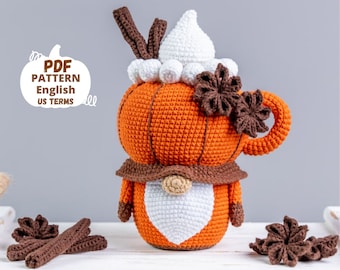 Crochet patterns pumpkin gnome, Crochet pumpkin pattern, Crochet gnome pattern, Amigurumi pumpkin spice latte gnome crochet decor pattern