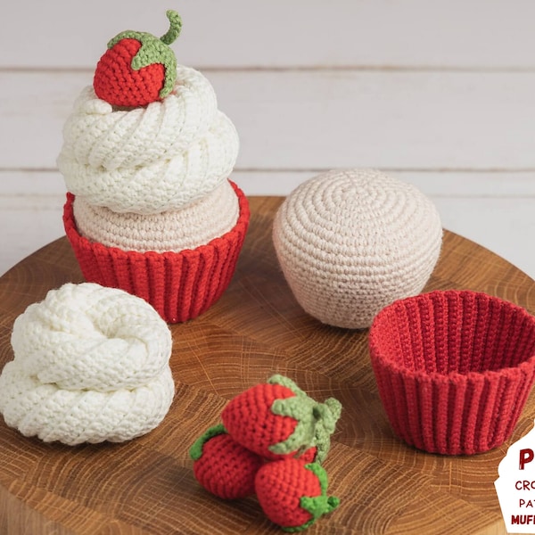 Strawberry crochet cupcake pattern for kitchen decor, Amigurumi food for kid's pretend play, Crochet play food toy for imaginative play