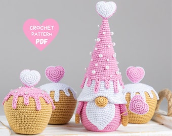 Crochet patterns gnome with heart and crochet cupcake pattern, Crochet valentine gnome pattern, Valentines day gnome crochet pattern