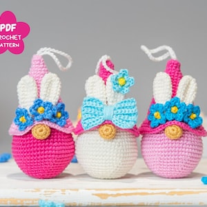 Crochet patterns Easter bunny keychain with crochet flowers, Crochet keychain bunny amigurumi pattern, Crochet Easter gnome rabbit pattern
