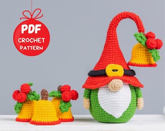 Crochet patterns Christmas gnome with crochet Christmas bells, Christmas amigurumi gnome pattern, Christmas crochet gnome pattern