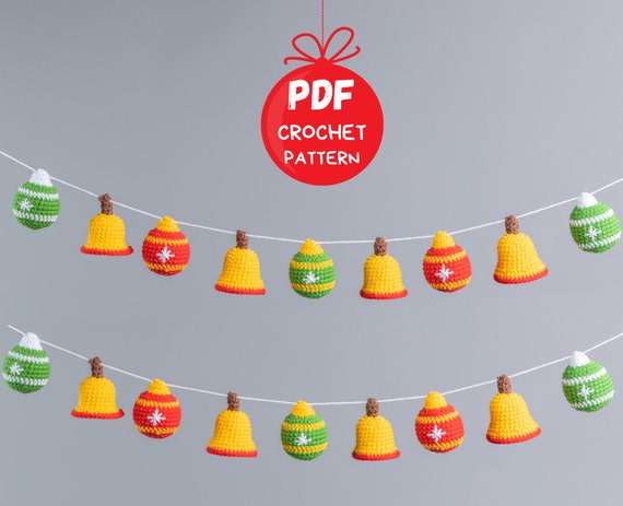 Crochet Christmas garland pattern, Christmas ornaments crochet pattern, Crochet Christmas bells, Christmas crochet decorations pattern