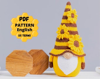 Crochet patterns Gnome Sunflower, Crochet flower pattern, Gnome amigurumi pattern, Crochet gnome pattern with crochet sunflowers