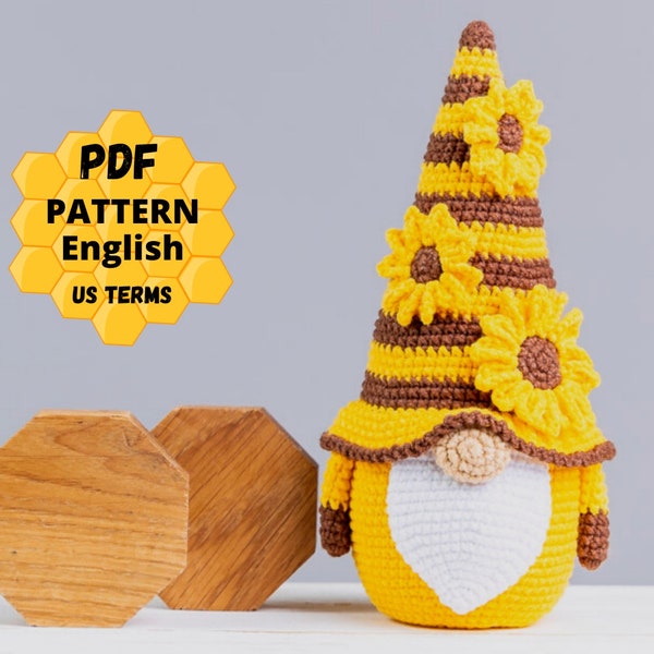 Crochet patterns Gnome Sunflower, Crochet flower pattern, Gnome amigurumi pattern, Crochet gnome pattern with crochet sunflowers