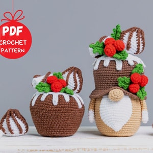 Crochet patterns Christmas gnome with cupcake and meringues, Christmas amigurumi pattern, Crochet gnome pattern, Crochet play food pattern