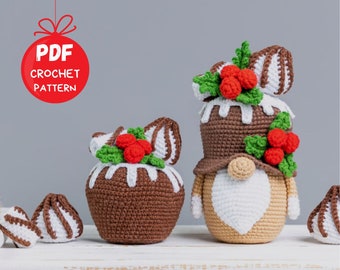 Crochet patterns Christmas gnome with cupcake and meringues, Christmas amigurumi pattern, Crochet gnome pattern, Crochet play food pattern