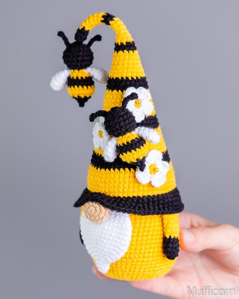 Crochet patterns bundle Gnome with Bee and pot of honey, Crochet bee pattern, Gnome amigurumi pattern, Crochet gnome with crochet flowers image 5