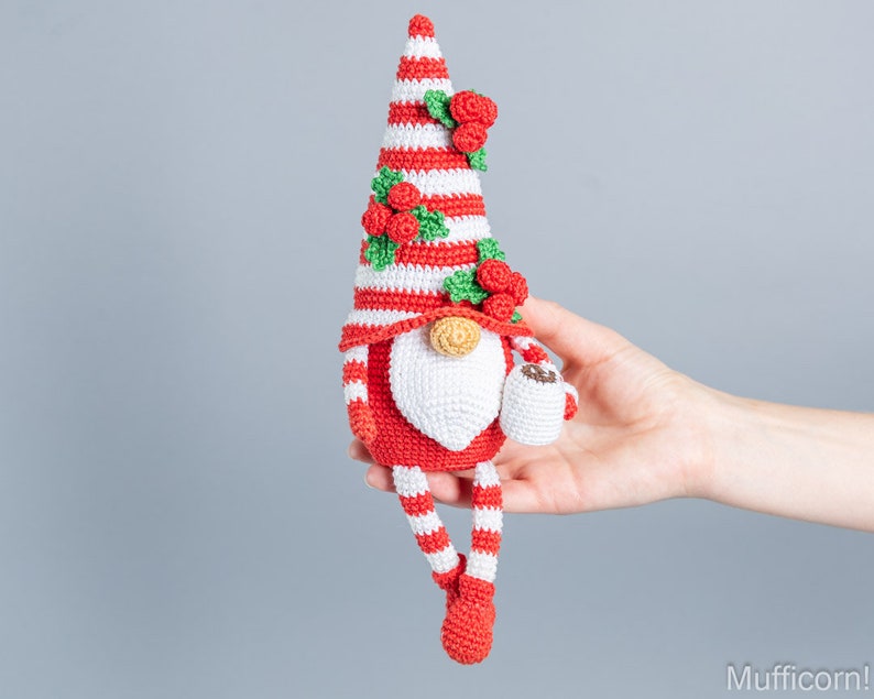 Crochet patterns Christmas gnome with candy cane, Christmas amigurumi gnome pattern, Crochet ornaments, Christmas crochet gnome pattern image 6