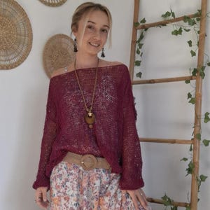 Handmade Knit Vegan Yarn Sweater: Magenta Open Weave Lightweight Oversized Top