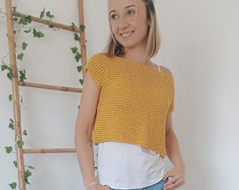 Knitted Top, Mustard Yellow Cotton Merino Blend, Lightweight Summer Sweater S/M