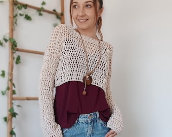 Crochet Crop Top: Beige Recycled Cotton Boho Sweater