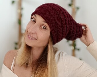 Burgundy Knit Slouchy Beanie: Vegan Wool Cozy Hat