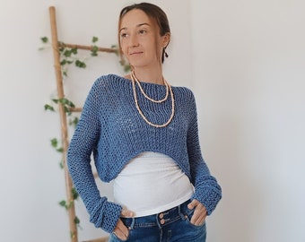 Blue Long Sleeve Top, Loose Knit Sweater, Cropped Knit Sweater, Arm Knitting Women Pullover