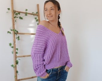 Lilac Sweater, Crochet Jumper, V Back Jumper, V Neck Jumper, Cozy Slouchy Sweater