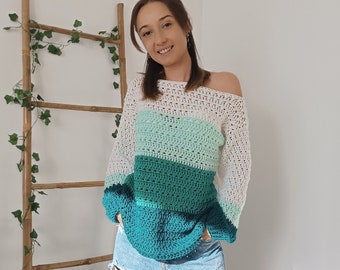 Teal Blue Crochet Sweater Women, Dropped Shoulder Sweater, Long Sleeve Sweater, Cozy Knit Gift For Women