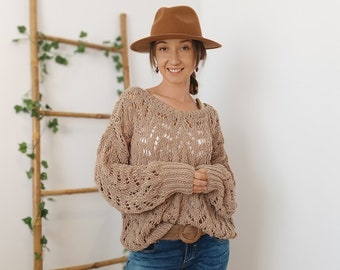 Camel Handmade Sweater, Lightweight Loose Knit, Holey Sweater, Bohemian Lace Sweater