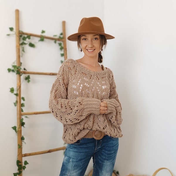 Maglione fatto a mano in cammello, maglia leggera allentata, maglione bucato, maglione in pizzo Boho