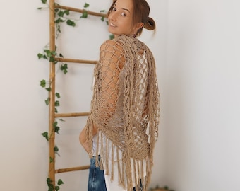 Open Weave Shawl, Bamboo Shawl, Beige Crochet Shawl Wrap, Boho Evening Wrap