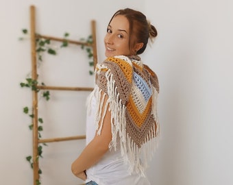 Crochet Shawl With Fringe, Fall Shawl Crochet, Wool Shawl, Cotton Shawl, Bohemian Shawl