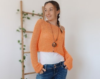 Apricot Long Sleeve Top, Loose Knit Sweater, Cropped Knit Sweater, Arm Knitting Women Pullover