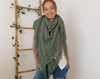 Triangle Scarf With Tassels, Green Bulky Shawl, Womens Neckwear, Bohemian Shawl