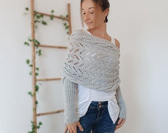 Light Grey Scarf With Sleeves, Knitted Cable Wrap, Shrugs For Women, Knitted Wrap