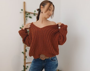 Rust Brown Sweater, Crochet Jumper, V Back Jumper, V Neck Jumper, Cozy Slouchy Sweater