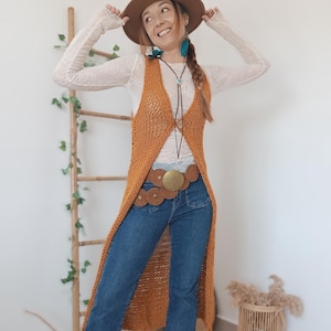 Ocre Knit Long Vest With Button, Sleeveless Long Cardigan Women, Boho Long Vest, Openwork Long Vest