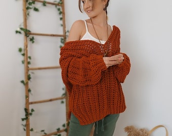 Rust Crochet Sweater, V Neck Jumper, V Back Jumper, Knit Sweater Dress, Bohemian Clothing