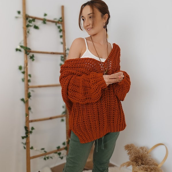 Rust Crochet Sweater, V Neck Jumper, V Back Jumper, Knit Sweater Dress, Bohemian Clothing