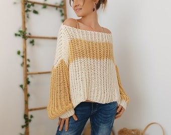 Lightweight Bulky Knit Sweater, Ivory And Beige Sweater For Women, Oversized Knit Sweater