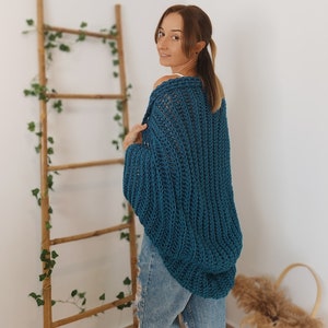 Petrol Blue Crochet Cocoon Shrug, Shrug Sweater, Chunky Yoga Shrug, Slouchy Cocoon Cardigan