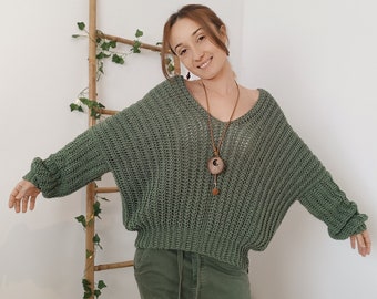 Green Sweater, Crochet Jumper, V Back Jumper, V Neck Jumper, Cozy Slouchy Sweater