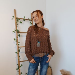 Brown Lace Knit Sweater: Sheer Bohemian Pullover, Oversized Fit