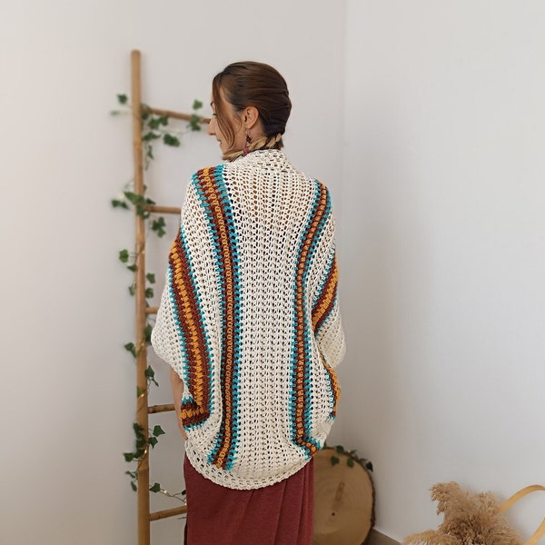 Elfenbeinfarbene Häkeljacke, Cocoon Shrug, Fledermausärmel, Boho Kleidung