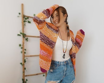 Knit Sweater Cardigan, Chunky Sweater, Colorful Cardigan, Open Front Cardigan, Women's Comfy Clothing