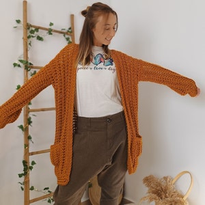 Crochet Cardigan Sweater, Ocre Chunky Cardigan, Hand Knit Wool Cardigan, Wick Cardigan image 5